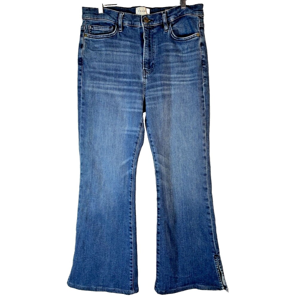 Frame Women Stretch Cotton Le Easy Flare Buttoned Medium Wash Jeans Blue 31x28